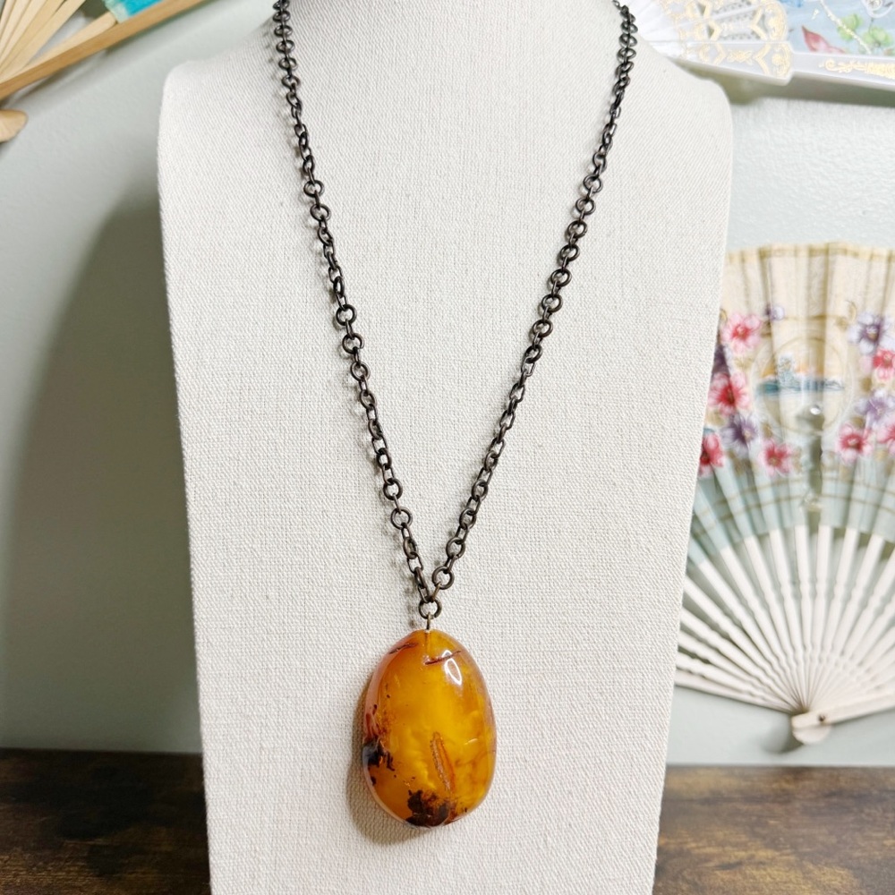 Baltic Amber Free Form Pendant Necklace Butterscotch Honey Antiqued Chain 26”